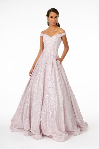 글리터 핑크빛 클래식 오프숄더 풍성한 이브닝 드레스