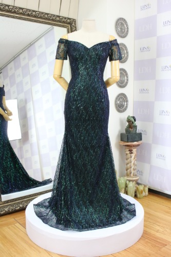 여성을 위한 반짝이 블랙그린 머메이드 공연 무대의상 드레스